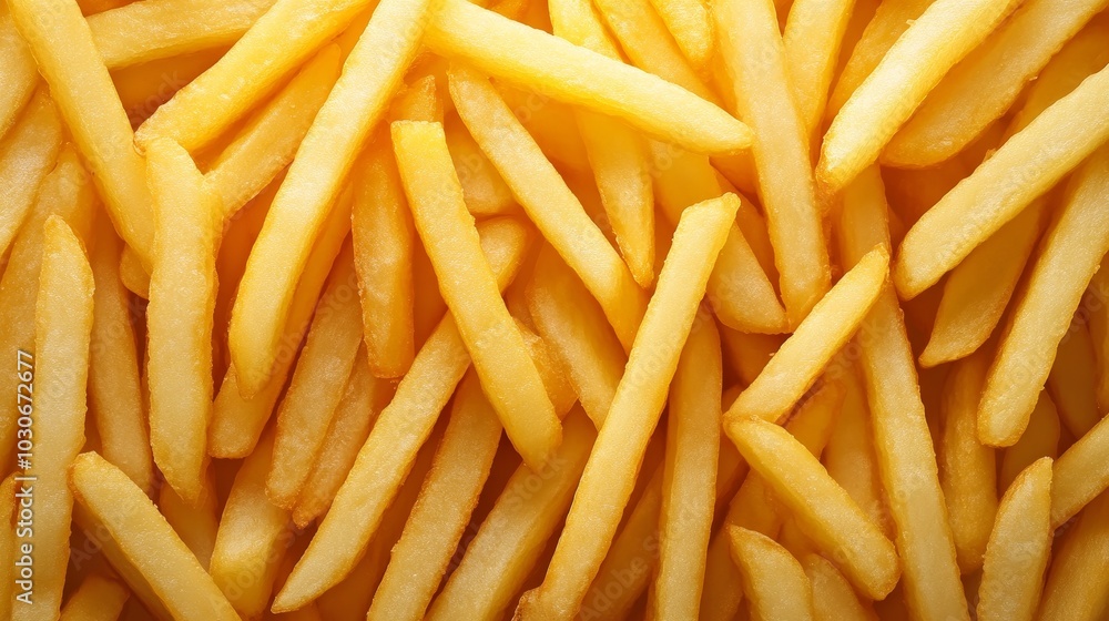 A vivid ocean of french fries, with a top-down view showcasing the golden and crispy texture and various shapes of the fries, creating an enticing visual feast. A vivid ocean of french fries, with a top-down view showcasing the golden and crispy texture and various shapes of the fries, creating an enticing visual feast.