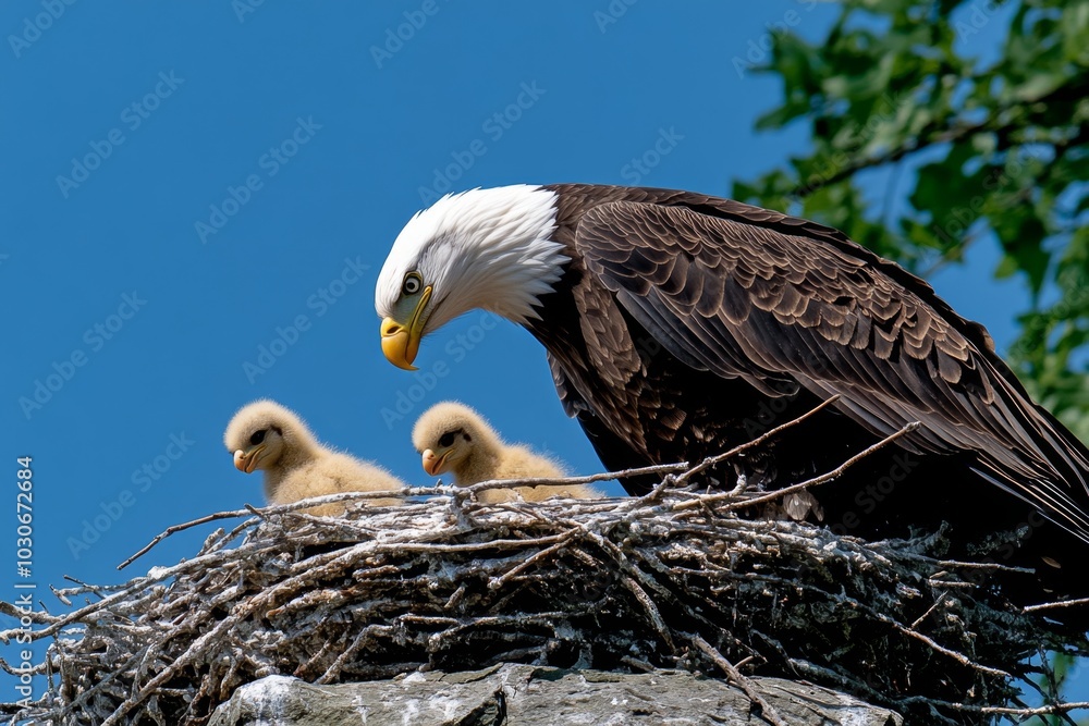 Eagle family in a nest atop a cliff, with young eaglets practicing flight Eagle family in a nest atop a cliff, with young eaglets practicing flight