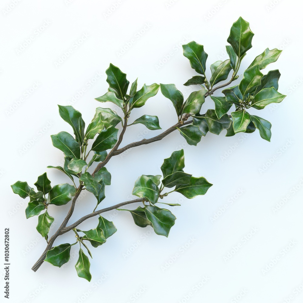 Green holly branch with multiple leaves on white background, symbolizing natural decoration. Green holly branch with multiple leaves on white background, symbolizing natural decoration.