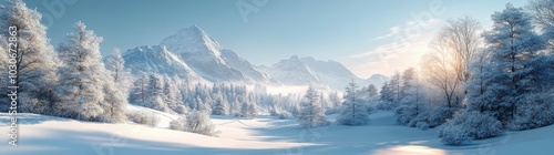Trees and mountains covered with snow make for a winter wonderland.