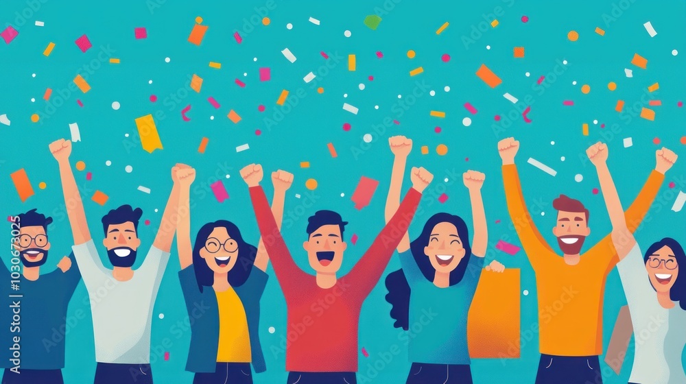 A group of diverse people celebrating with confetti falling around them, all raising their arms in the air. A group of diverse people celebrating with confetti falling around them, all raising their arms in the air.