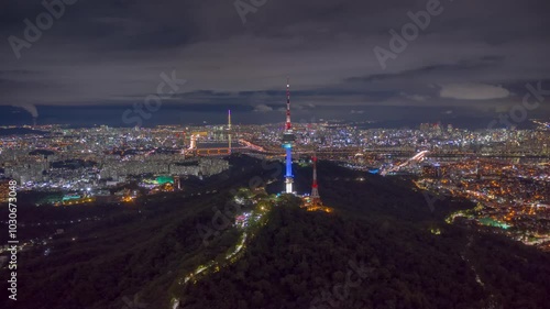 SEOUL, SOUTH KOREA - SEPTEMBER 9, 2024: Aerial view of the vibrant cityscape at night with dazzling lights