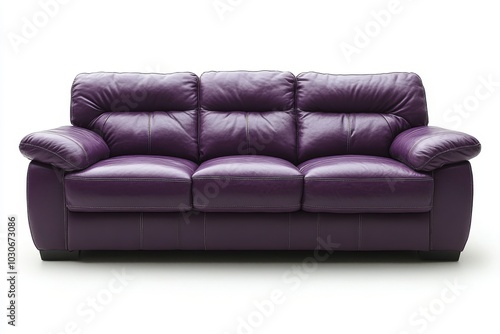 Modern empty dark purple leather sofa with pillow isolated on cut out PNG or transparent background. Modern interior design by furniture decor.