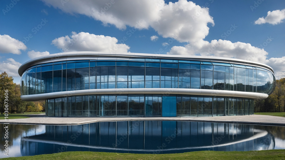 Obraz premium Modern circular glass building showcasing architectural elegance at dusk amidst scenic landscape.