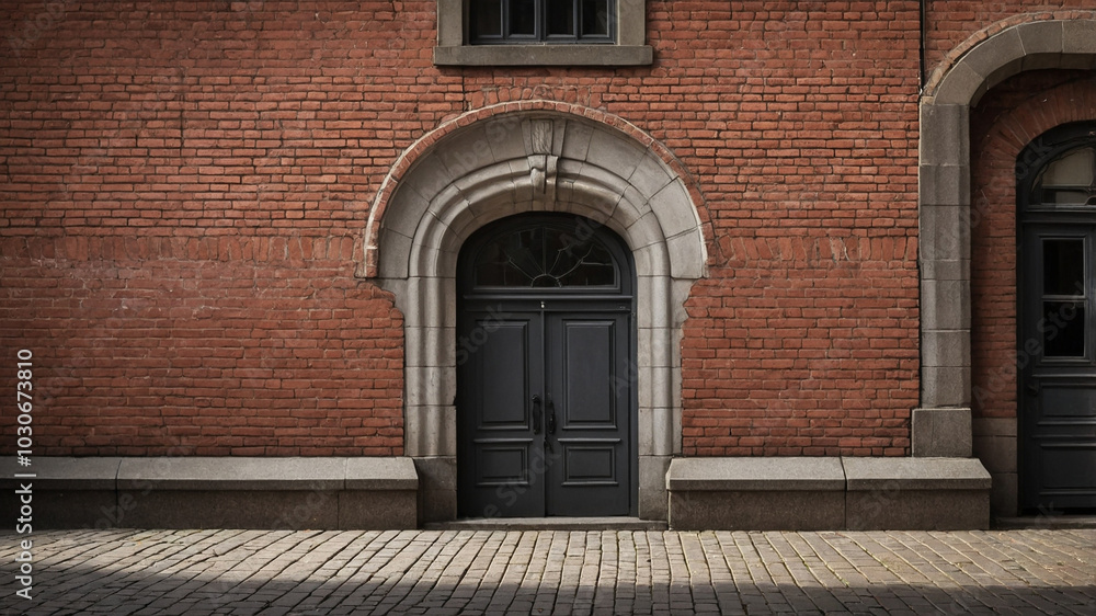 Brick facade with arched double door and cobblestone street, creating an inviting vintage architecture feel. Brick facade with arched double door and cobblestone street, creating an inviting vintage architecture feel.