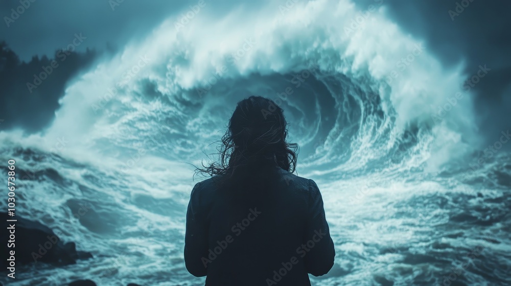 Obraz premium A person stands in front of a huge hurricane, facing the powerful forces of nature, with strong winds and swirling dark clouds above their head. Showcasing the primal power of natural disasters