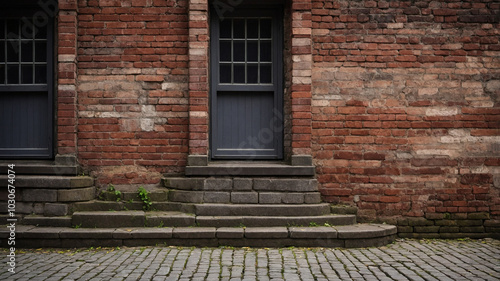 Narrow cobblestone alley with historic brick buildings on a cloudy day, creating a timeless atmosphere.