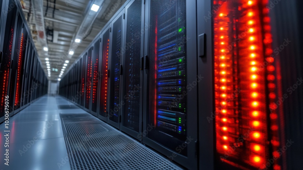 Rows of server racks with flashing lights in a data center. Rows of server racks with flashing lights in a data center.