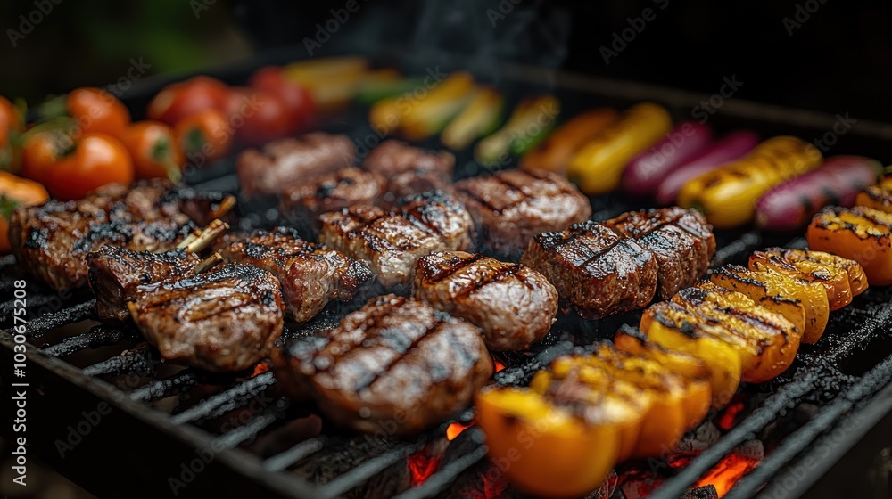 Grilled meats and vegetables on a barbecue grill, smoky atmosphere. Grilled meats and vegetables on a barbecue grill, smoky atmosphere.