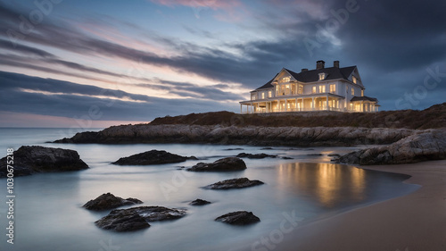 Coastal house at dusk with rocky shoreline, calm sea, and cloudy sky reflecting tranquil atmosphere.