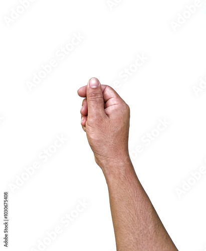 Male hand making a gesture of holding a card or business card. Some types of documents ID card Or a passport, coin, or something. Isolated on a white background.