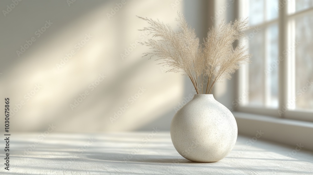 A serene minimalist interior with morning shadows cast by dried pampas grass A serene minimalist interior with morning shadows cast by dried pampas grass