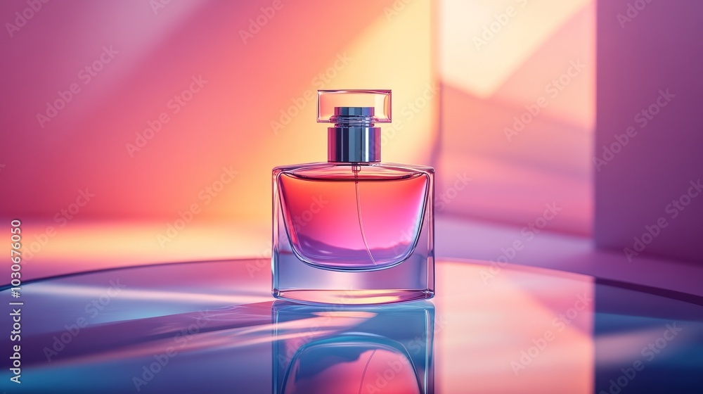 The surrealist perfume bottle is placed on the extremely simple and transparent stage and on the glass table, with dreamlike colored geometric shapes and gradations in the background. The surrealist perfume bottle is placed on the extremely simple and transparent stage and on the glass table, with dreamlike colored geometric shapes and gradations in the background.