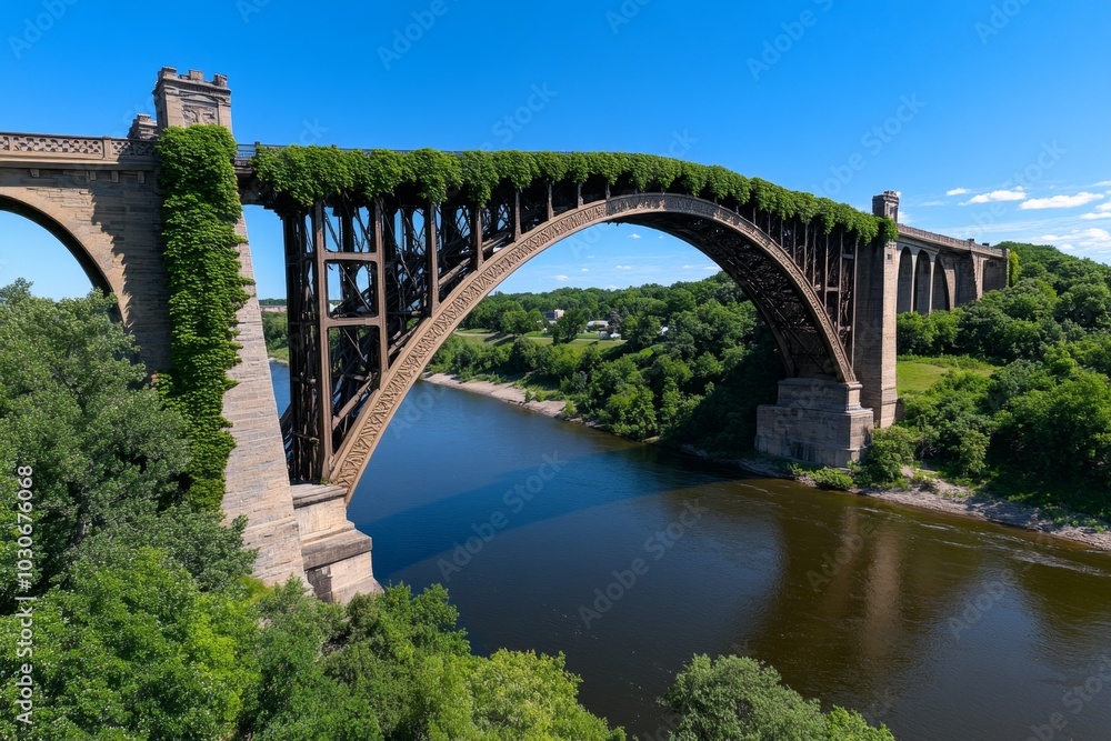 Fototapeta premium Gothic bridge covered in creeping vines, standing over a shadowed river