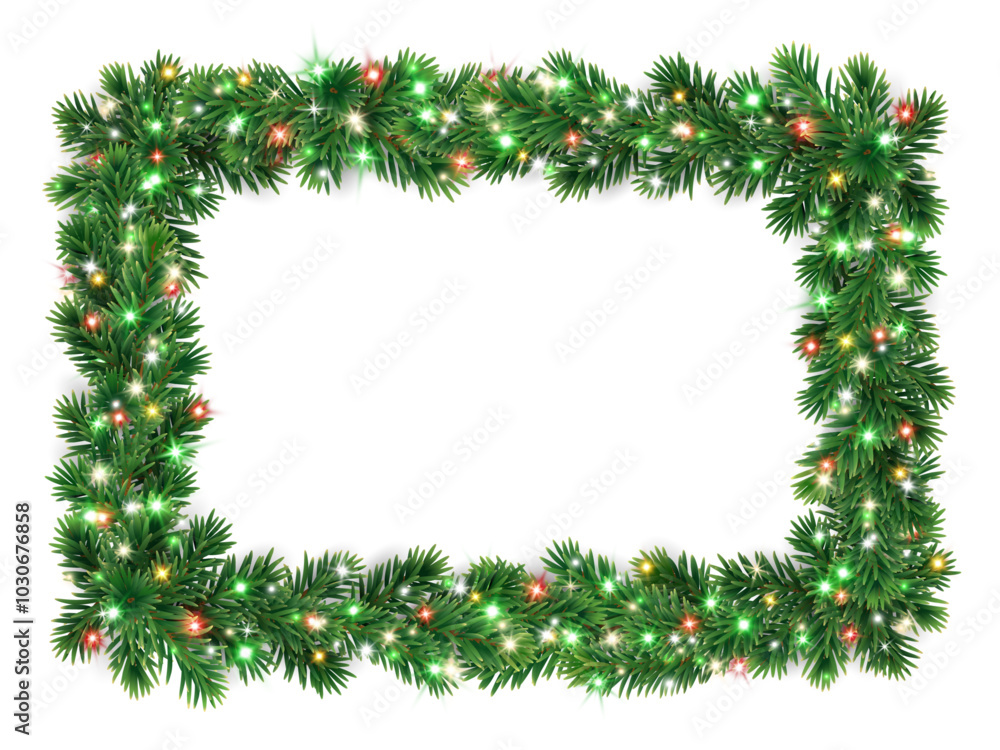 Christmas wreath with glowing Christmas lights. Christmas tree