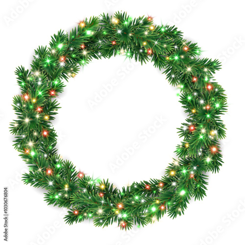 Christmas wreath with colorful red and green Christmas lights. Christmas tree decoration. Holiday fir tree garland. Festive winter season frame, spruce branches. Transparent background in vector file.