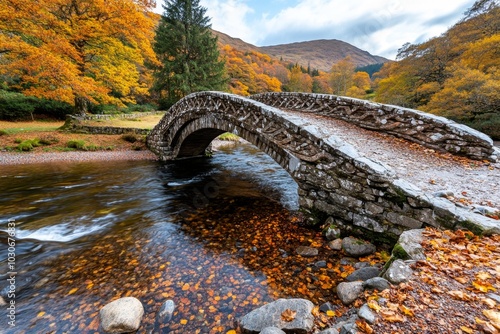 Historic packhorse bridge surrounded by autumn foliage, with a stream flowing beneath photo