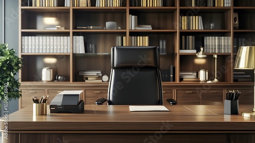 33. A polished wooden desk in an organized office space