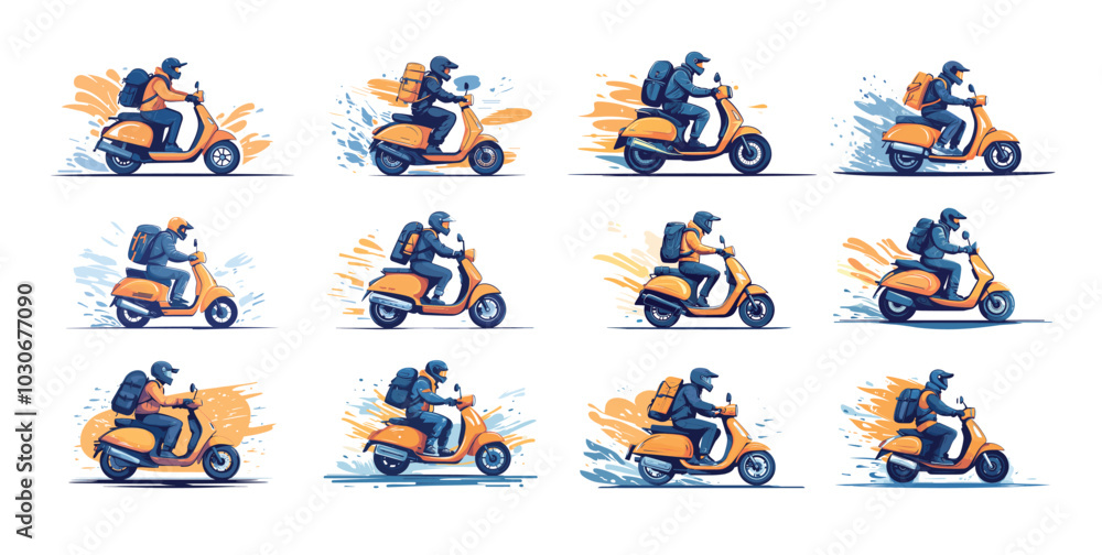 custom made wallpaper toronto digitalScooter driving pilot cartoon vector set. scooterist helmet backpack man fast moto vehicle character, dynamic motorcycle speed steering ride, grunge background elements isolated on white artworks