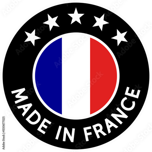 Made in France (police sans serif). Badge symbolisant la qualité et l'origine de la production française avec les couleurs du drapeau français. 