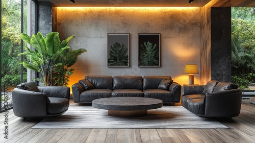 This contemporary living room features a black leather sofa set with armchair and coffee table to provide comfortable seating. photo