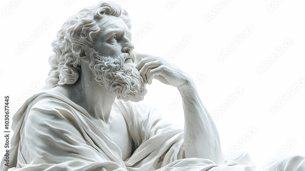 A marble sculpture of a thoughtful figure with a beard. A marble sculpture of a thoughtful figure with a beard.