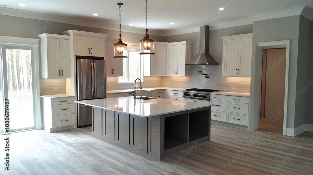 34. An empty kitchen island with stylish pendant lights above 34. An empty kitchen island with stylish pendant lights above