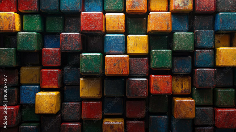 A colorful wallpaper of cubes in various shades of red, blue, green, and yellow. A colorful wallpaper of cubes in various shades of red, blue, green, and yellow.