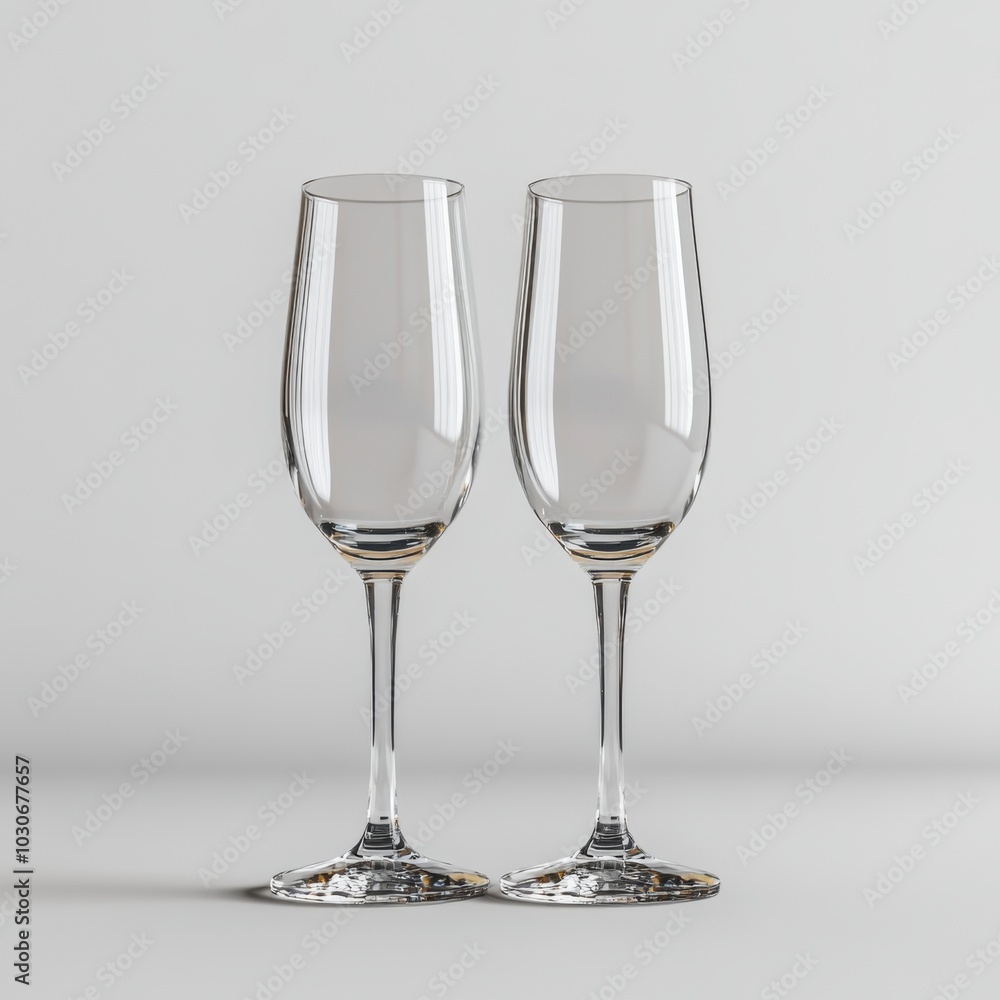 Pair of empty champagne flutes on a white background for celebration concept. Pair of empty champagne flutes on a white background for celebration concept.