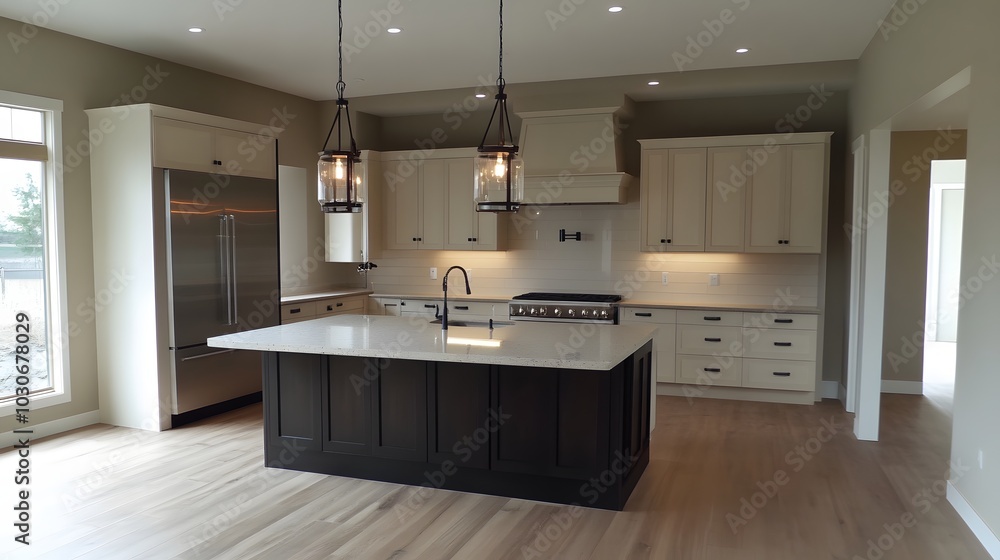 34. An empty kitchen island with stylish pendant lights above 34. An empty kitchen island with stylish pendant lights above