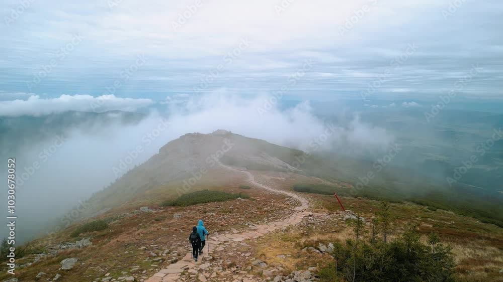 Two tourists with a backpack hiking on mountain peaks above the clouds. hiking in the mountains .