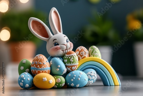 Wallpaper Mural Magical Easter bunny riding a rainbow, carrying enchanted eggs Torontodigital.ca