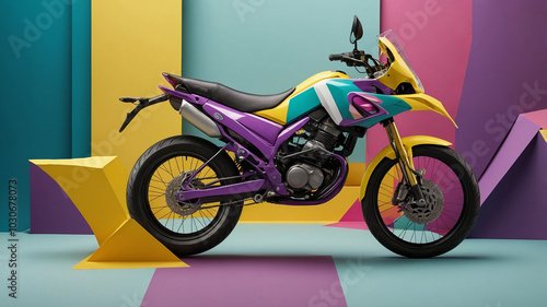 Vibrant motorcycle with bold colors in geometric abstract art style display setup background photo