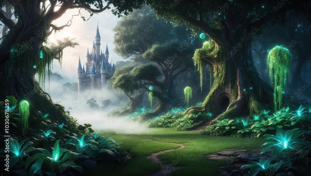A mystical digital artwork featuring a lush forest, glowing elements, and enchanting light, creating an ethereal, dreamlike atmosphere A mystical digital artwork featuring a lush forest, glowing elements, and enchanting light, creating an ethereal, dreamlike atmosphere