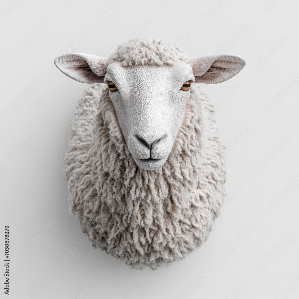 Obraz premium Realistic sculpture of sheep mounted on a plain wall, showcasing detailed wool texture.