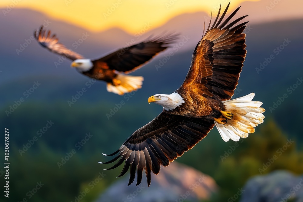 Obraz premium Majestic eagle soaring high over a mountain range at dawn