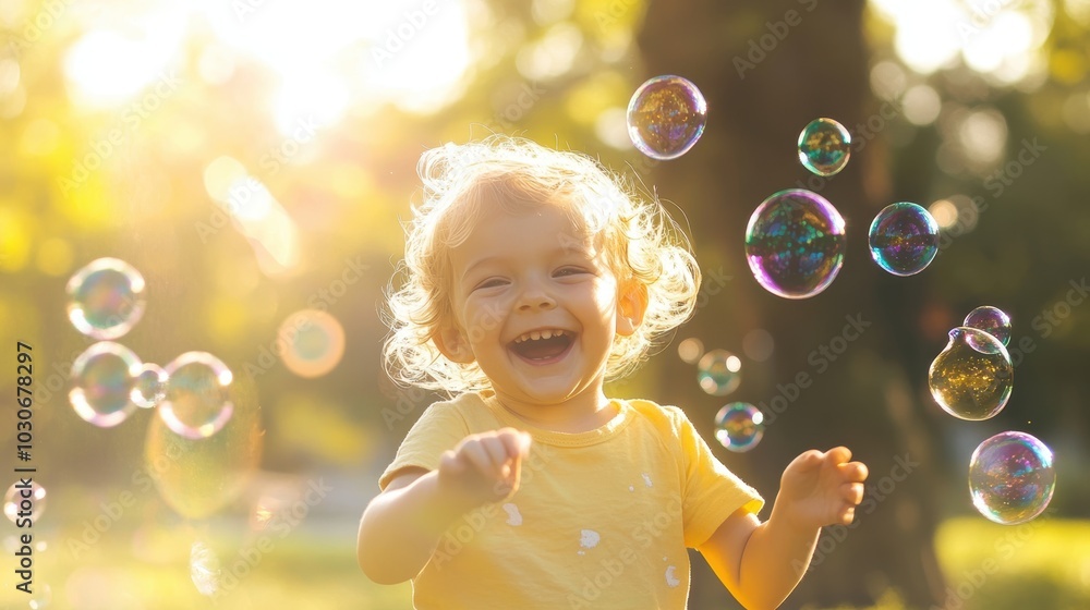 Happy child playing with bubbles in sunshine. Happy child playing with bubbles in sunshine.