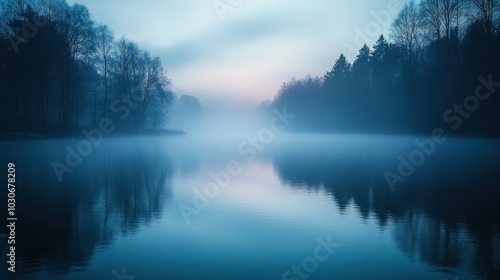 Misty morning over a still lake with trees on either side.