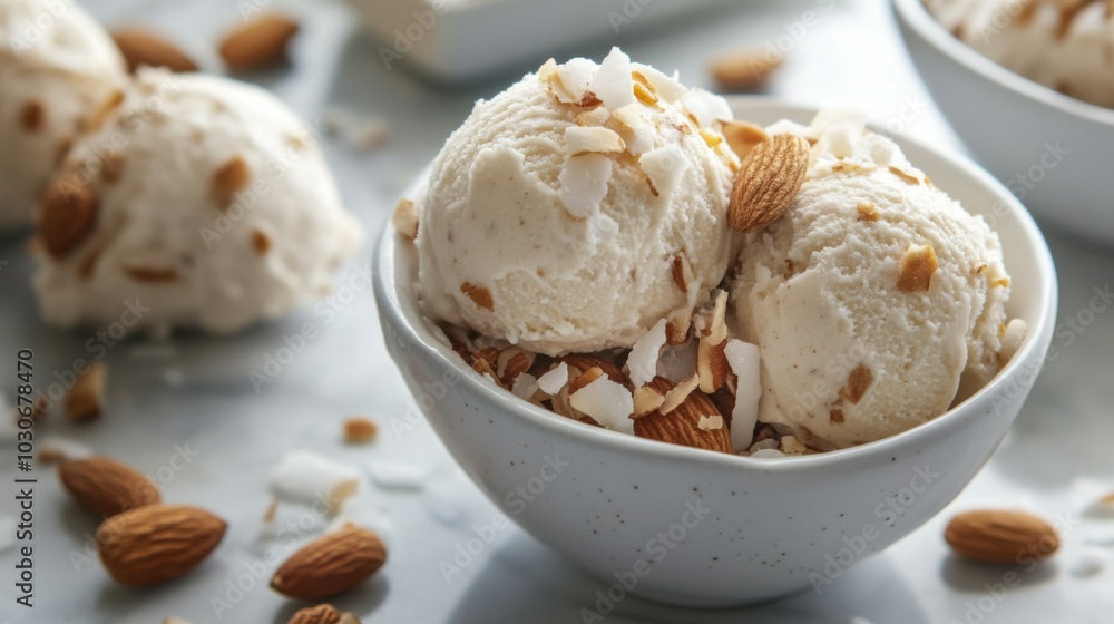 Delicious Almond Ice Cream Scoops in Bowl Delicious Almond Ice Cream Scoops in Bowl