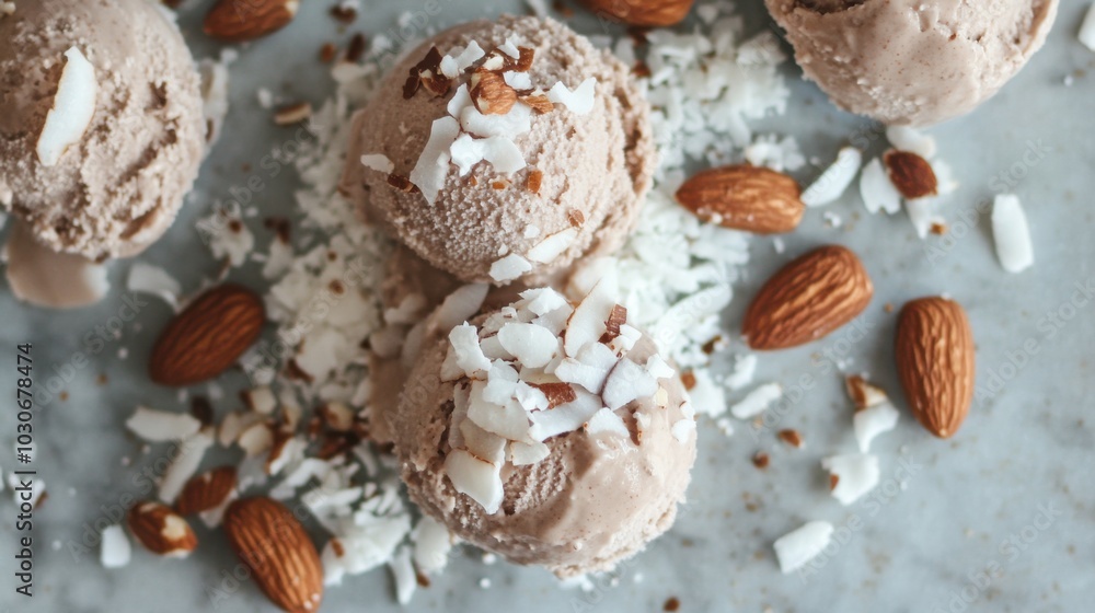 Fototapeta premium Delicious Ice Cream Scoops with Almonds and Coconut
