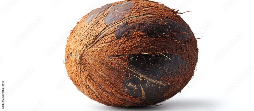 A whole brown coconut with a rough, hairy texture and a slightly darker patch on the side, isolated on a white background. A whole brown coconut with a rough, hairy texture and a slightly darker patch on the side, isolated on a white background.