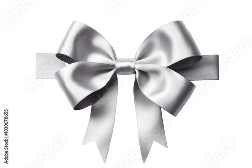 Sleek silver ribbon tied into a simple, symmetrical bow with soft curves isolated on white background