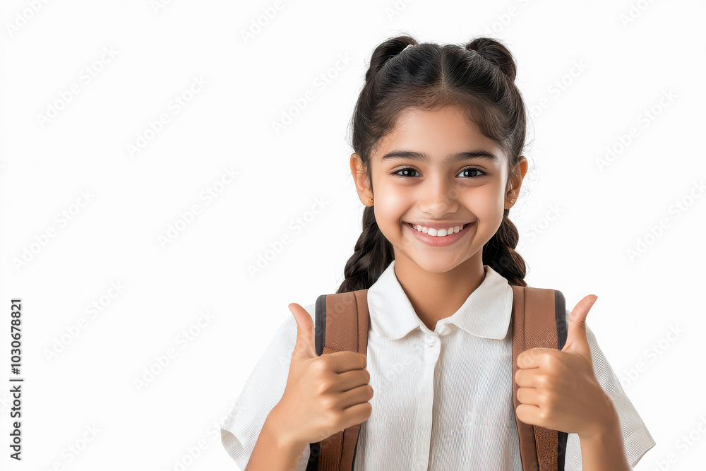indian school girl showing thumbs up on white background indian school girl showing thumbs up on white background