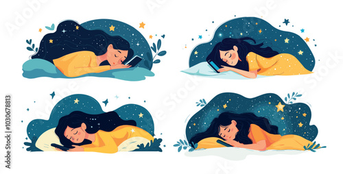Sleeping girl with smartphone cartoon vector scenes. Woman phone pajama lying in bed social media addiction overuse character, mobile networks night star elements wave background isolated artworks
