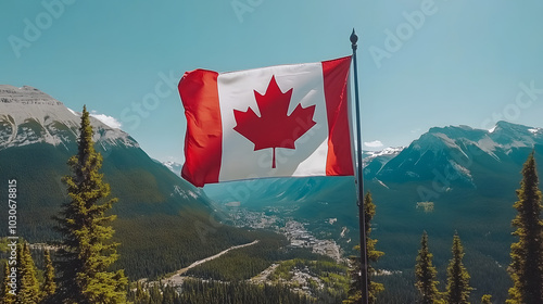 A Vivid and Scenic Representation of the Canada Flag Against a Clear Blue Sky Surrounded by Lush Landscapes