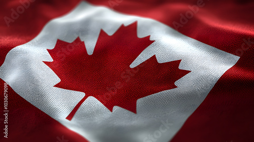 Close-Up View of the Canada Flag Highlighting the Iconic Maple Leaf Surrounded by Symbols of Canadian Heritage and Nature photo