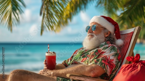 Santa Claus in a Hawaiian shirt relaxing by ocean and sipping a tropical drink. Tropical Christmas