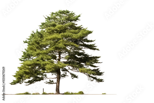 Single Calocedrus decurrens tree featuring its distinctive, scale-like leaves and straight, tall trunk isolated on white photo