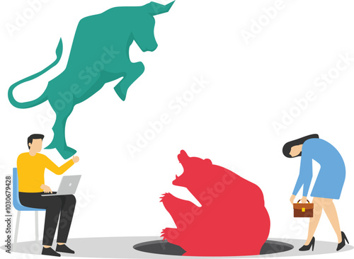 Bear fell into a pit. Global economy crash or boom. Bear and Bull fighting. Modern vector illustration in flat style


