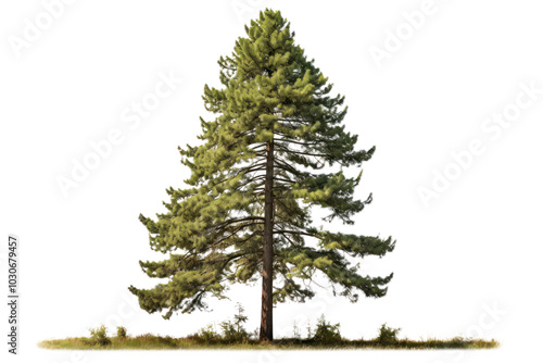 Single Calocedrus decurrens tree featuring its distinctive, scale-like leaves and straight, tall trunk isolated on white photo